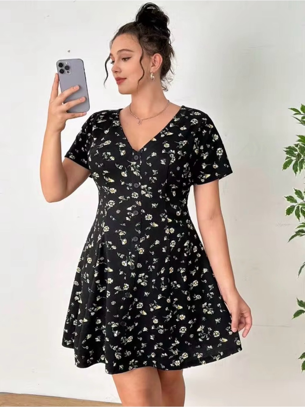 SHEIN Black Mini Dress with White & Yellow Daisy Print